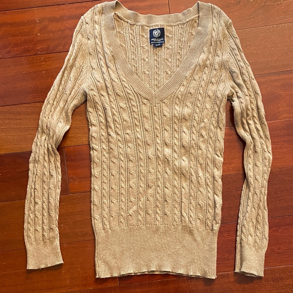 Vintage American Eagle Cable Knit V-Neck Sweater - Tan